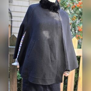 Short Black Wool Blend Cape With Rex Rabbit Fur Collar. Small
